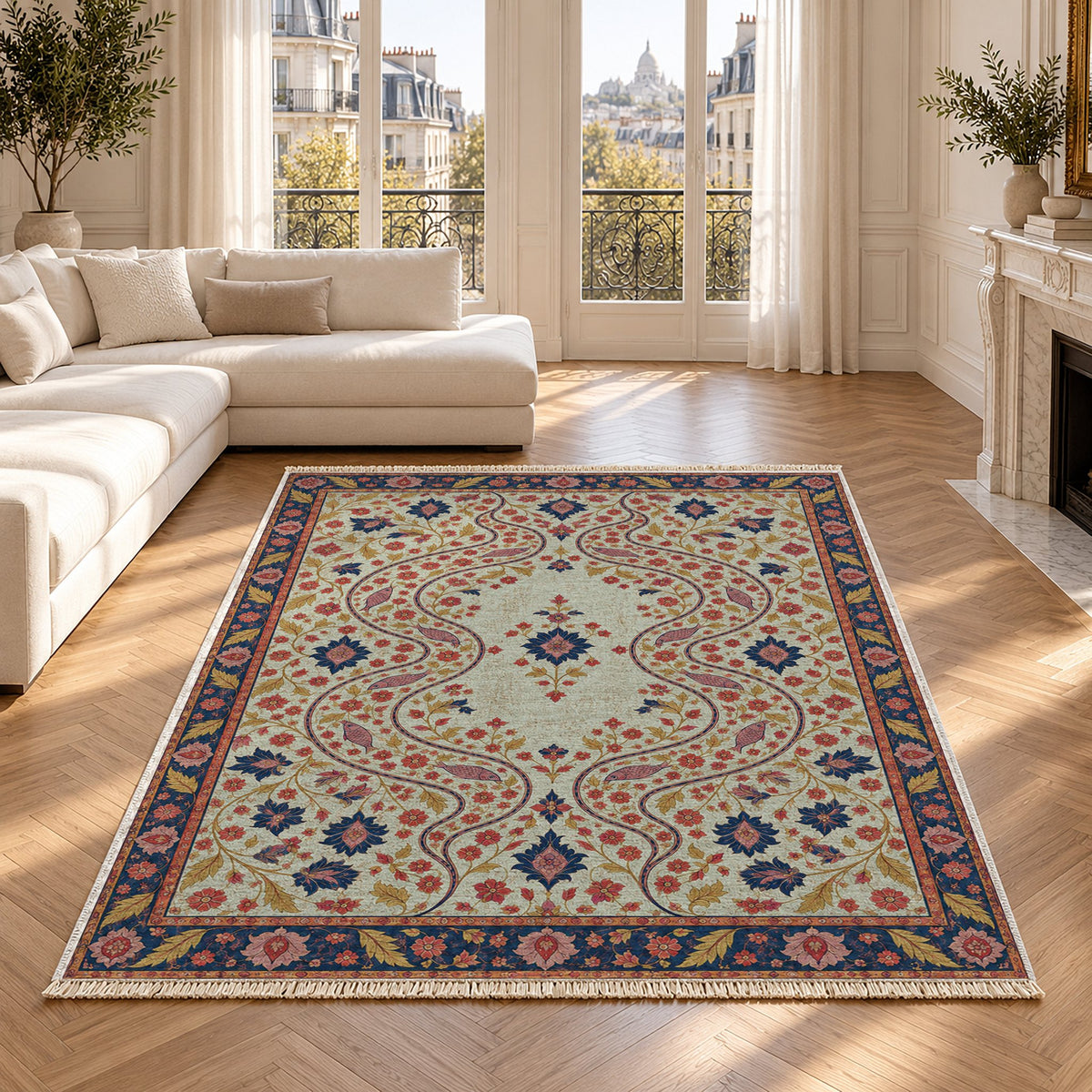Herati River Channels Glacier, Ink & Vermilion washable rug in a Paris living room