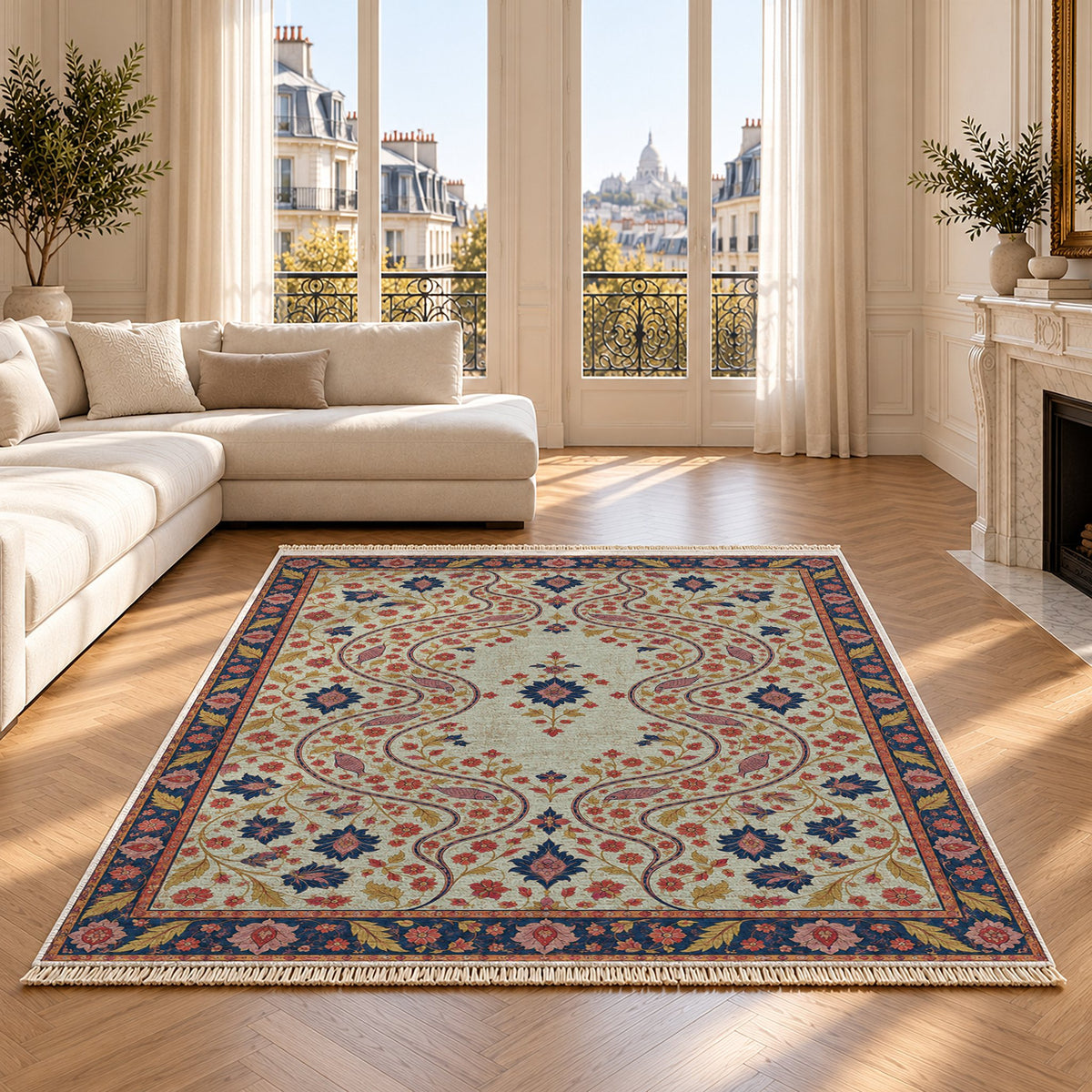 Herati River Channels Glacier, Ink & Vermilion washable rug on an oak floor