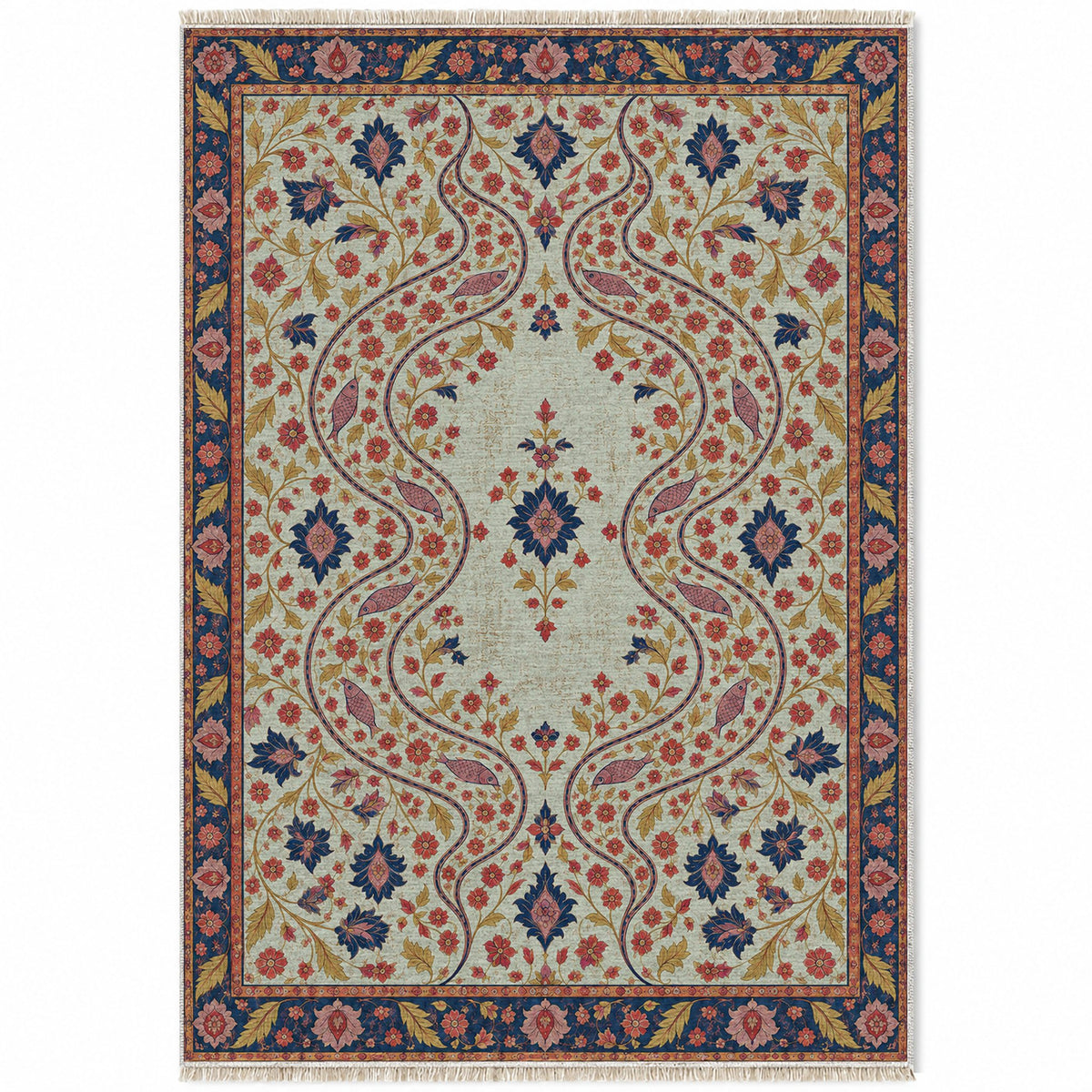Herati River Channels Glacier, Ink & Vermilion washable rug top view