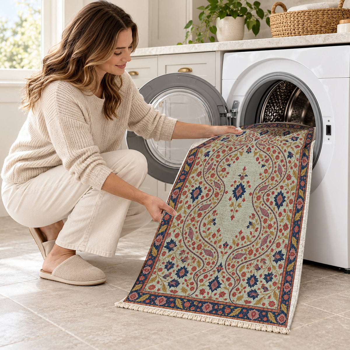 Herati River Channels Glacier, Ink & Vermilion washable rug being loaded into a washing machine