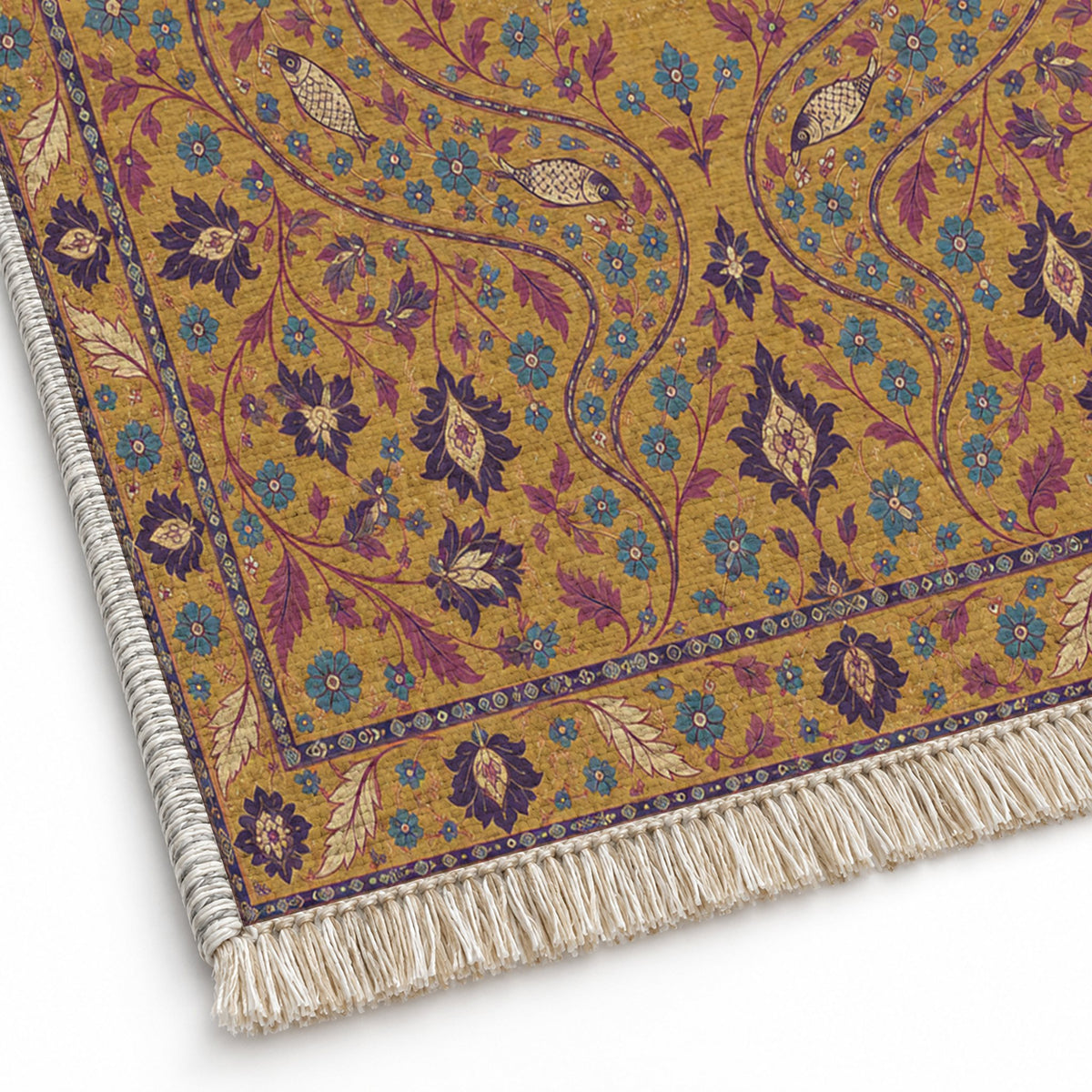 Herati River Channels Golden, Plum & Azure washable rug close-up of the printed chenille