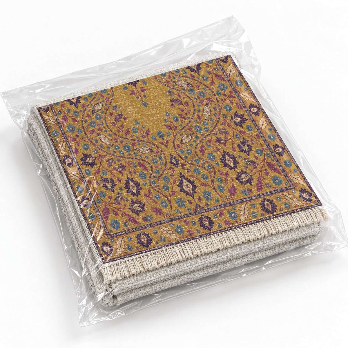 Herati River Channels Golden, Plum & Azure washable rug rolled and packaged