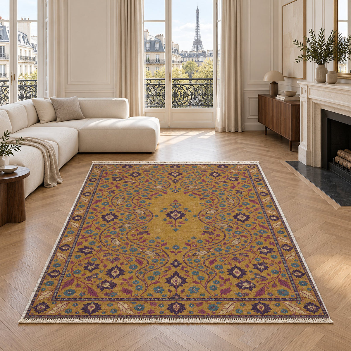 Herati River Channels Golden, Plum & Azure washable rug in a living room with an Eiffel Tower view