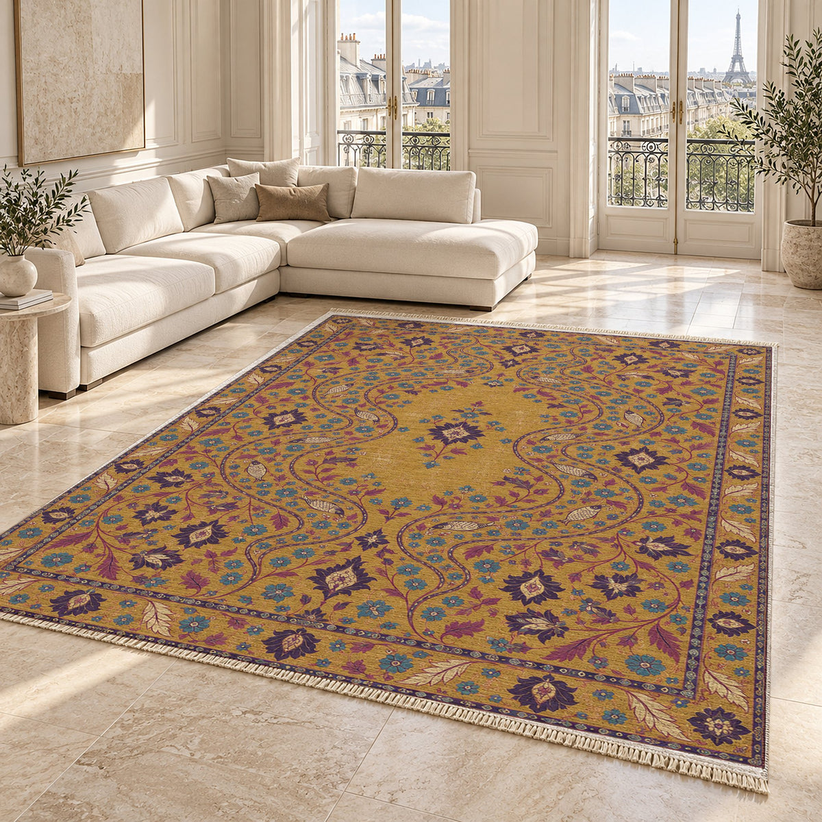 Herati River Channels Golden, Plum & Azure washable rug angled room view on marble