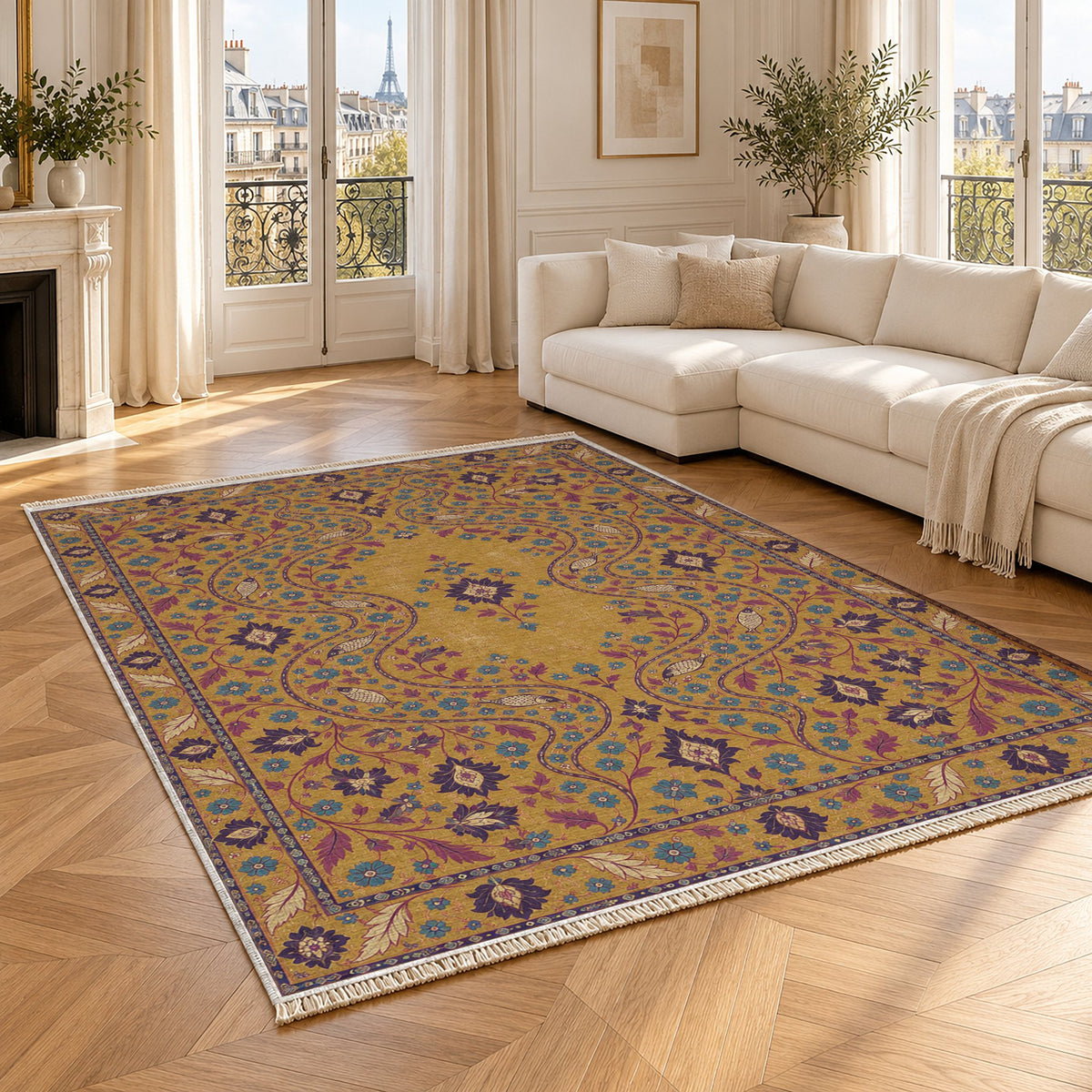 Herati River Channels Golden, Plum & Azure washable rug angled room view