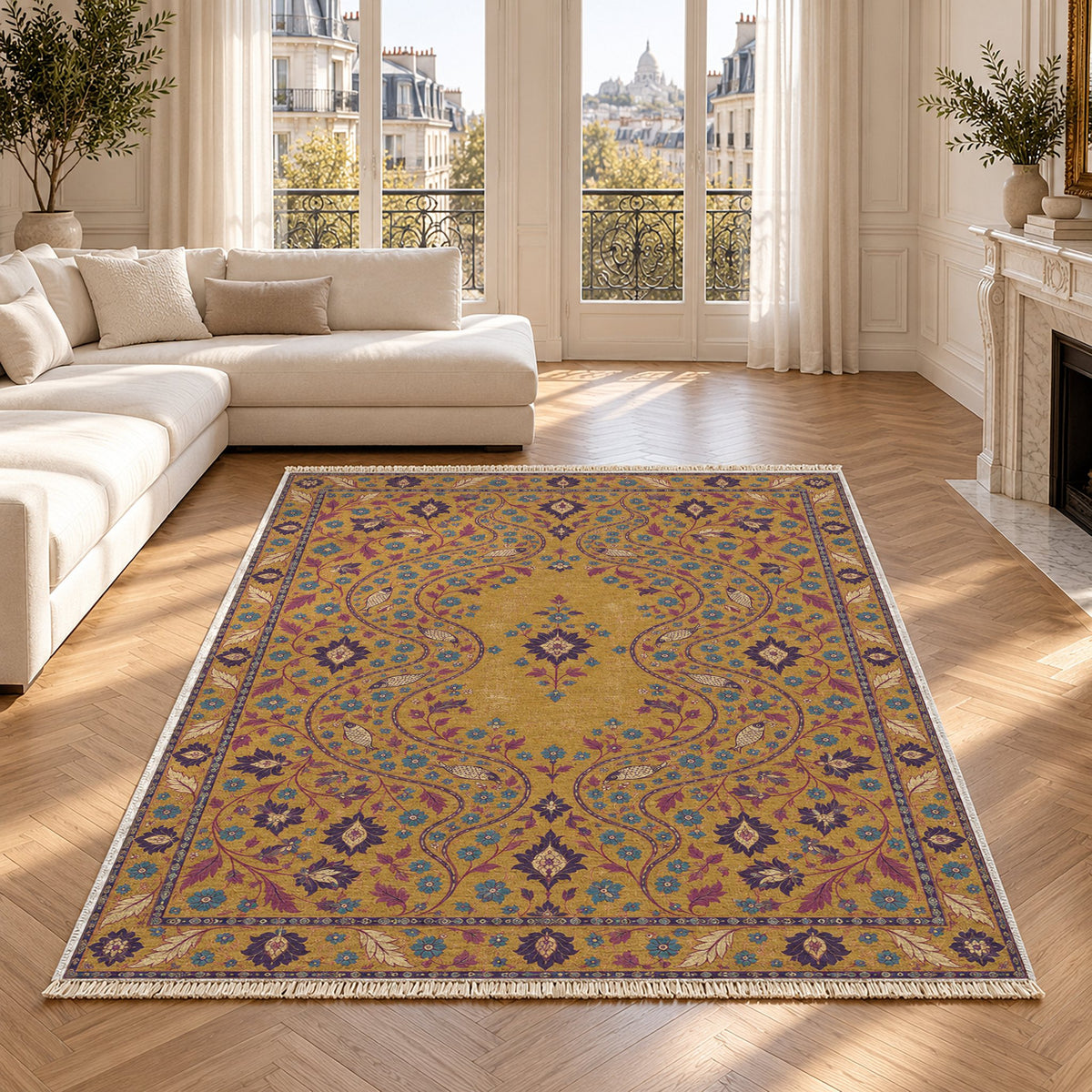 Herati River Channels Golden, Plum & Azure washable rug in a Paris living room