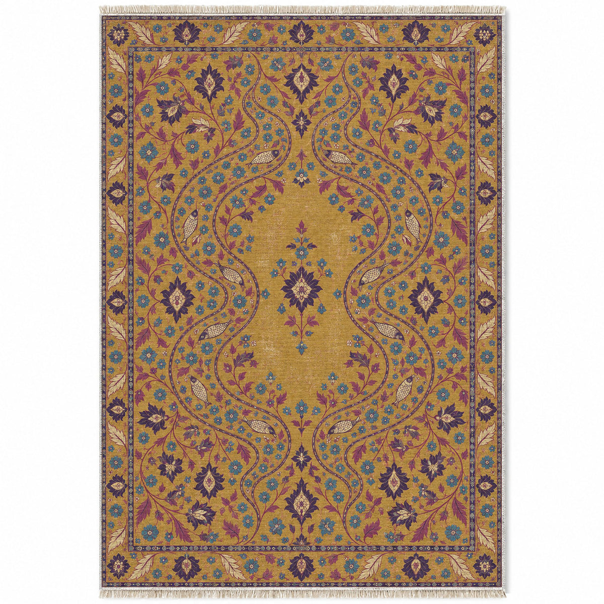 Herati River Channels Golden, Plum & Azure washable rug top view