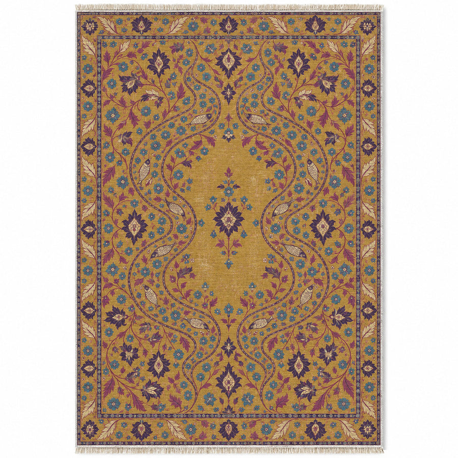 Herati River Channels Golden, Plum & Azure Distressed Washable Rug