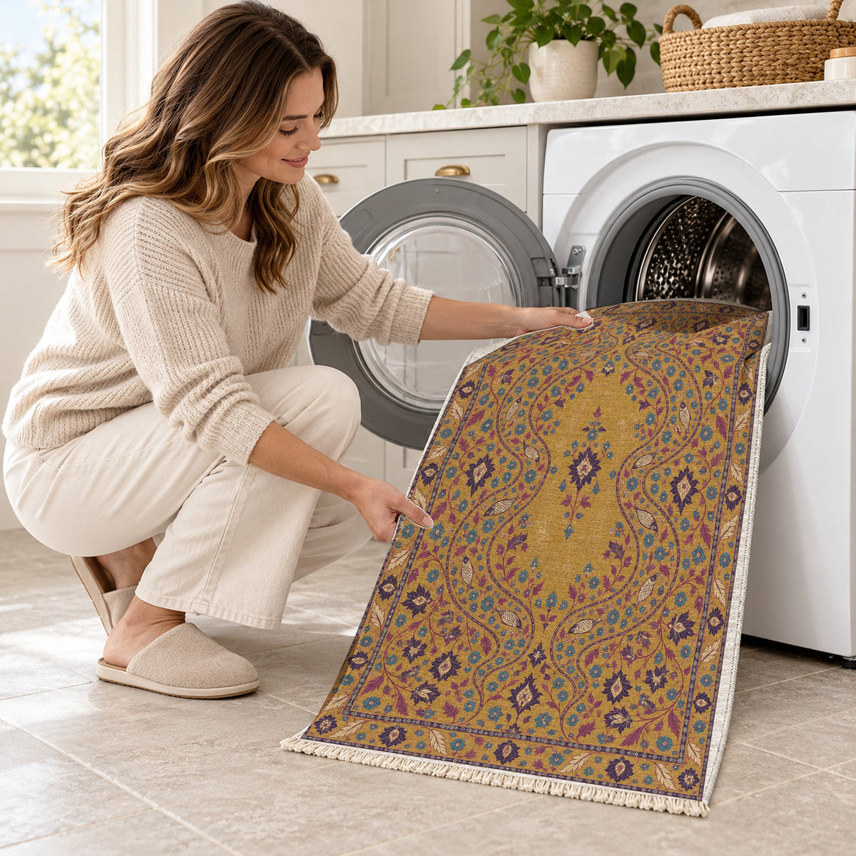 Herati River Channels Golden, Plum & Azure washable rug being loaded into a washing machine