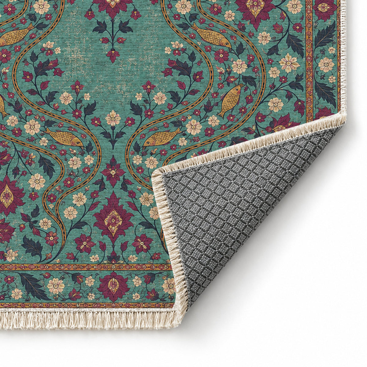 Herati River Channels Lagoon & Berry washable rug folded corner showing the backing