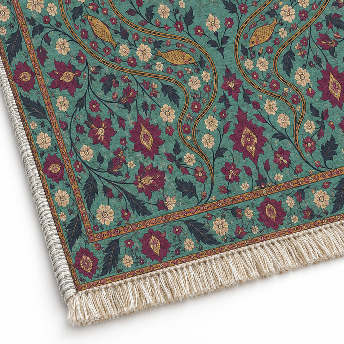 Herati River Channels Lagoon & Berry washable rug close-up of the printed chenille