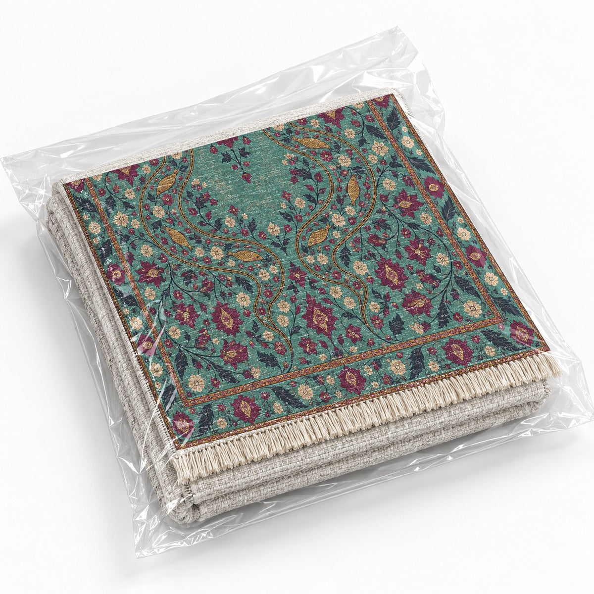 Herati River Channels Lagoon & Berry washable rug rolled and packaged