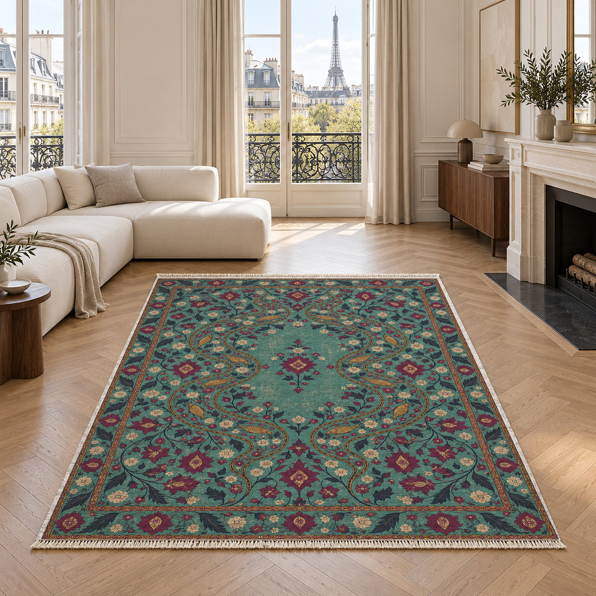Herati River Channels Lagoon & Berry washable rug in a living room with an Eiffel Tower view