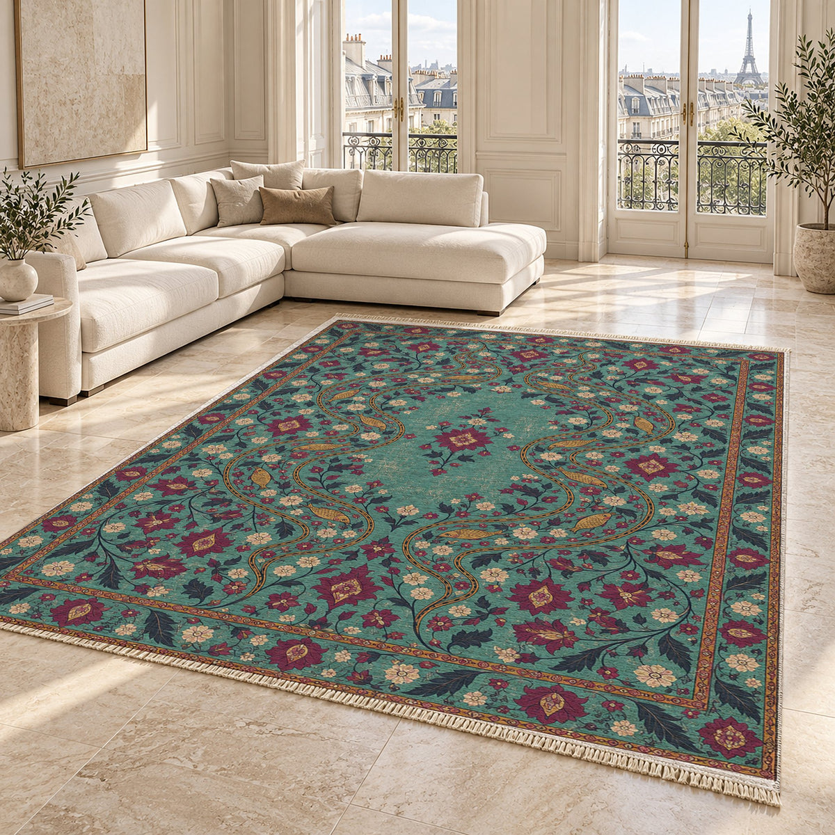 Herati River Channels Lagoon & Berry washable rug angled room view on marble