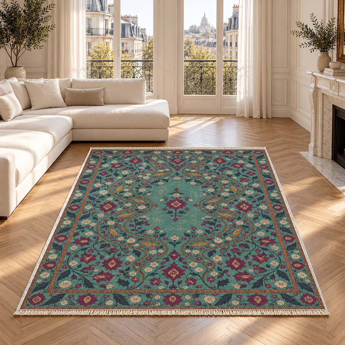 Herati River Channels Lagoon & Berry washable rug in a Paris living room