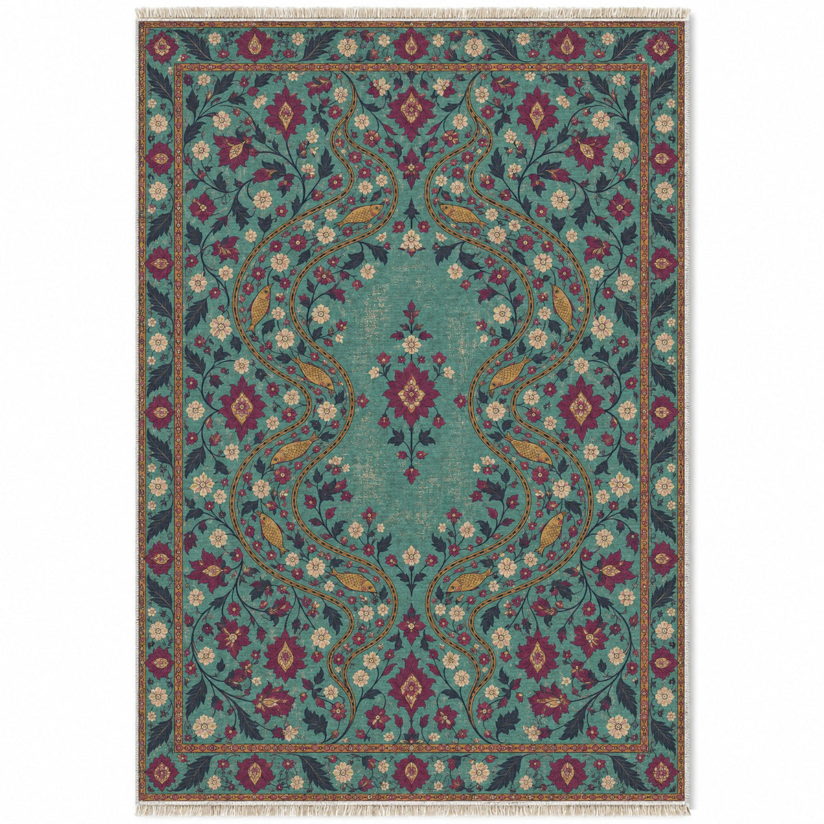 Herati River Channels Lagoon & Berry washable rug top view