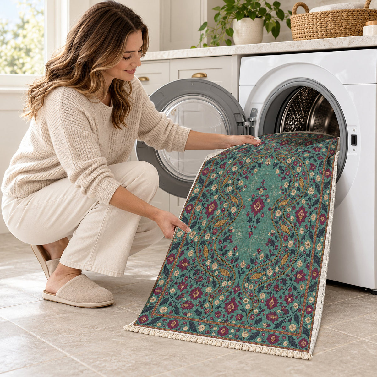 Herati River Channels Lagoon & Berry washable rug being loaded into a washing machine