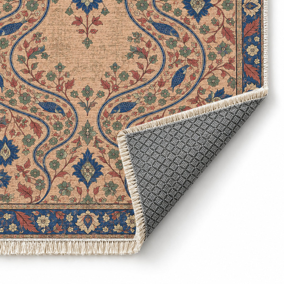 Herati River Channels Peach, Cobalt & Jade washable rug folded corner showing the backing