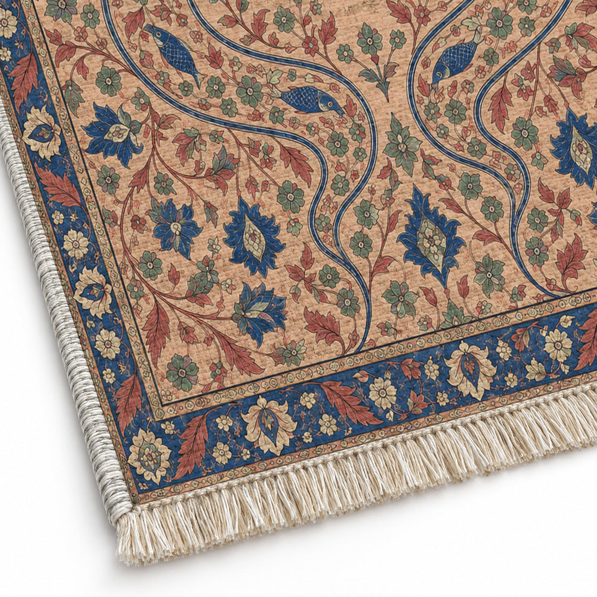 Herati River Channels Peach, Cobalt & Jade washable rug close-up of the printed chenille