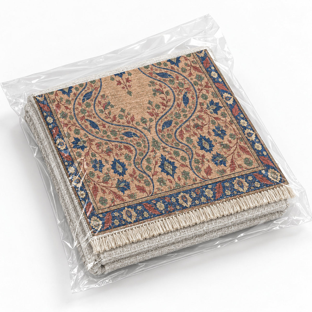 Herati River Channels Peach, Cobalt & Jade washable rug rolled and packaged