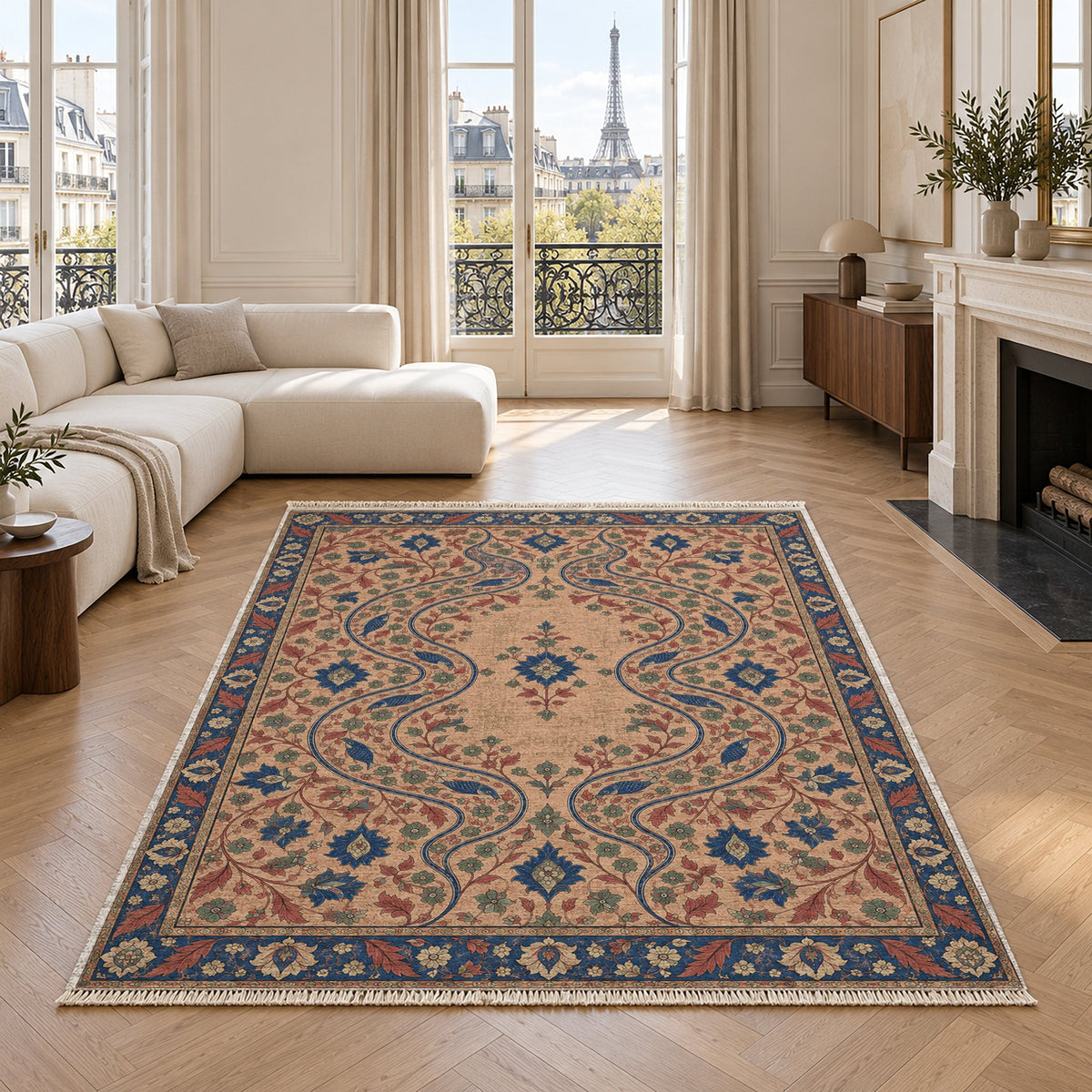 Herati River Channels Peach, Cobalt & Jade washable rug in a living room with an Eiffel Tower view