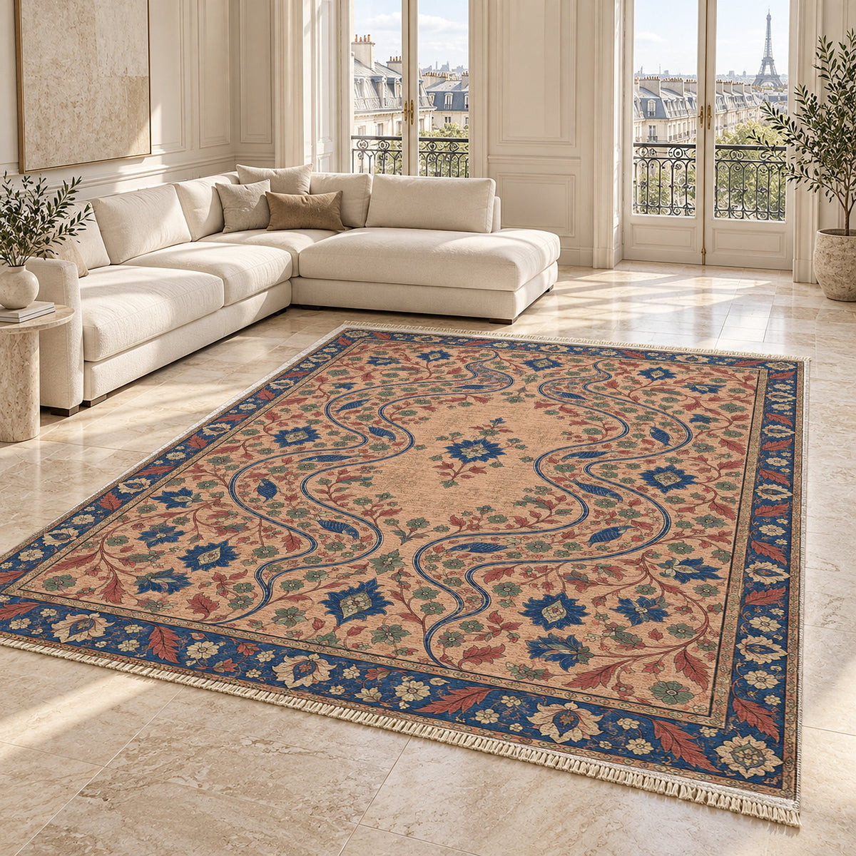 Herati River Channels Peach, Cobalt & Jade washable rug angled room view on marble