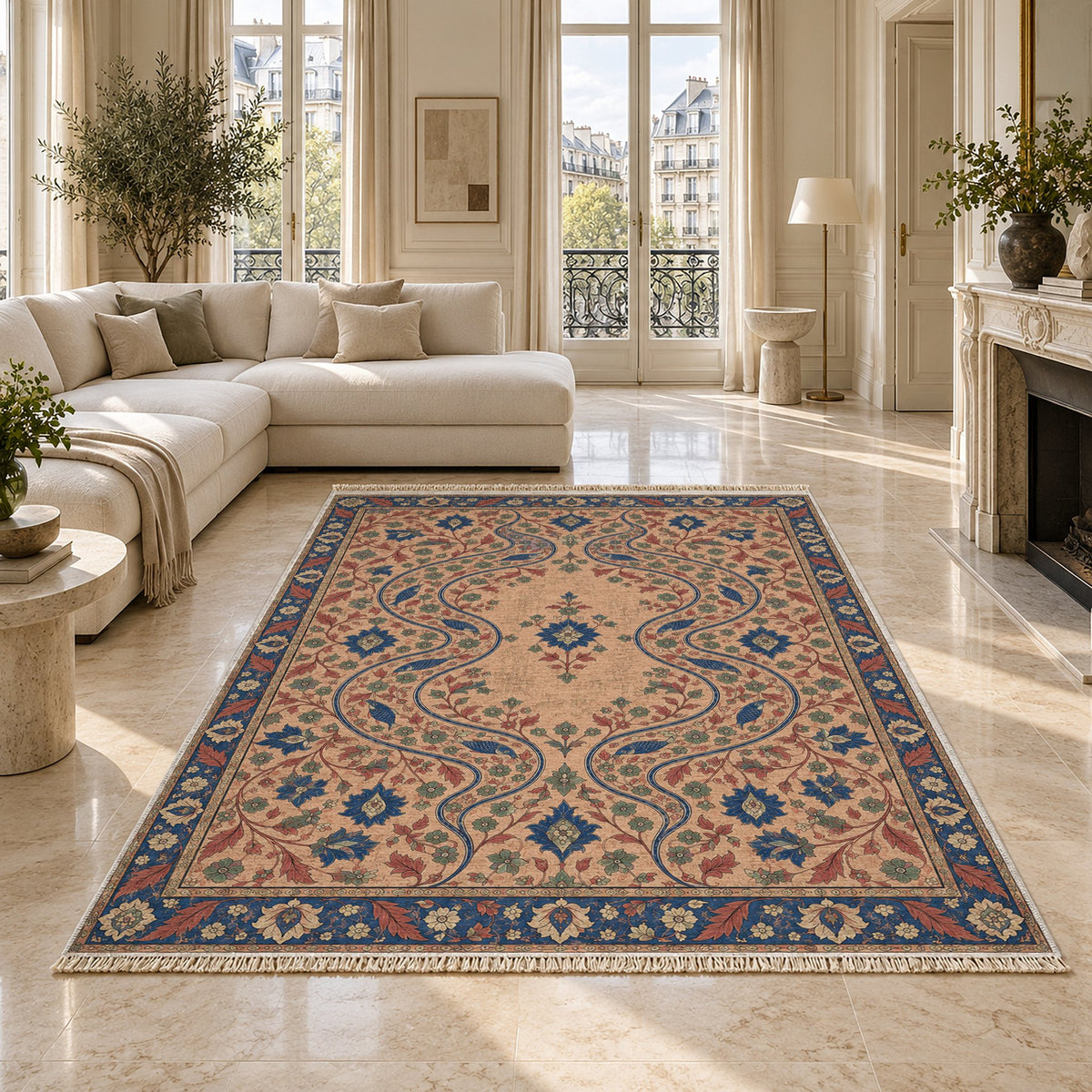 Herati River Channels Peach, Cobalt & Jade washable rug on a marble floor
