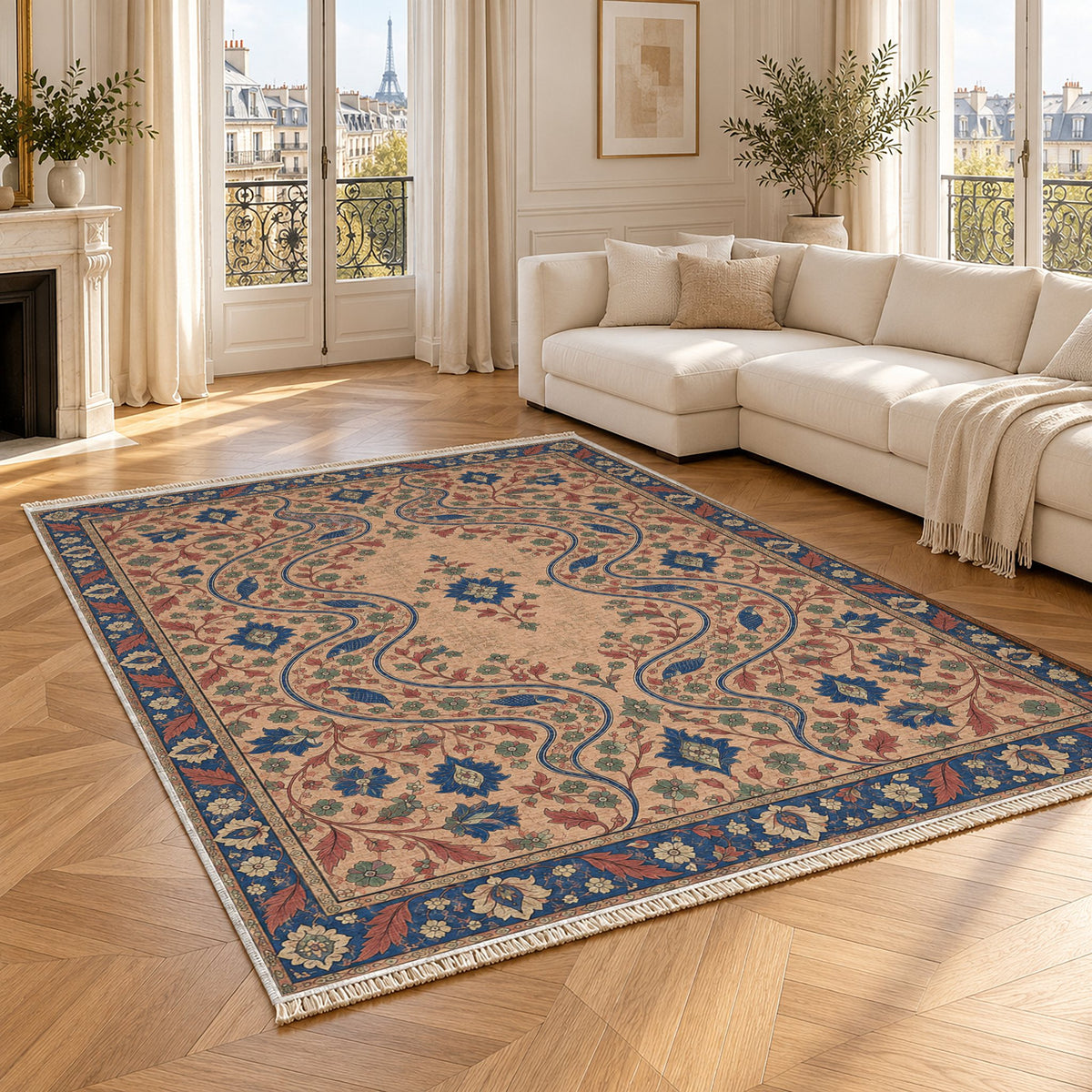 Herati River Channels Peach, Cobalt & Jade washable rug angled room view