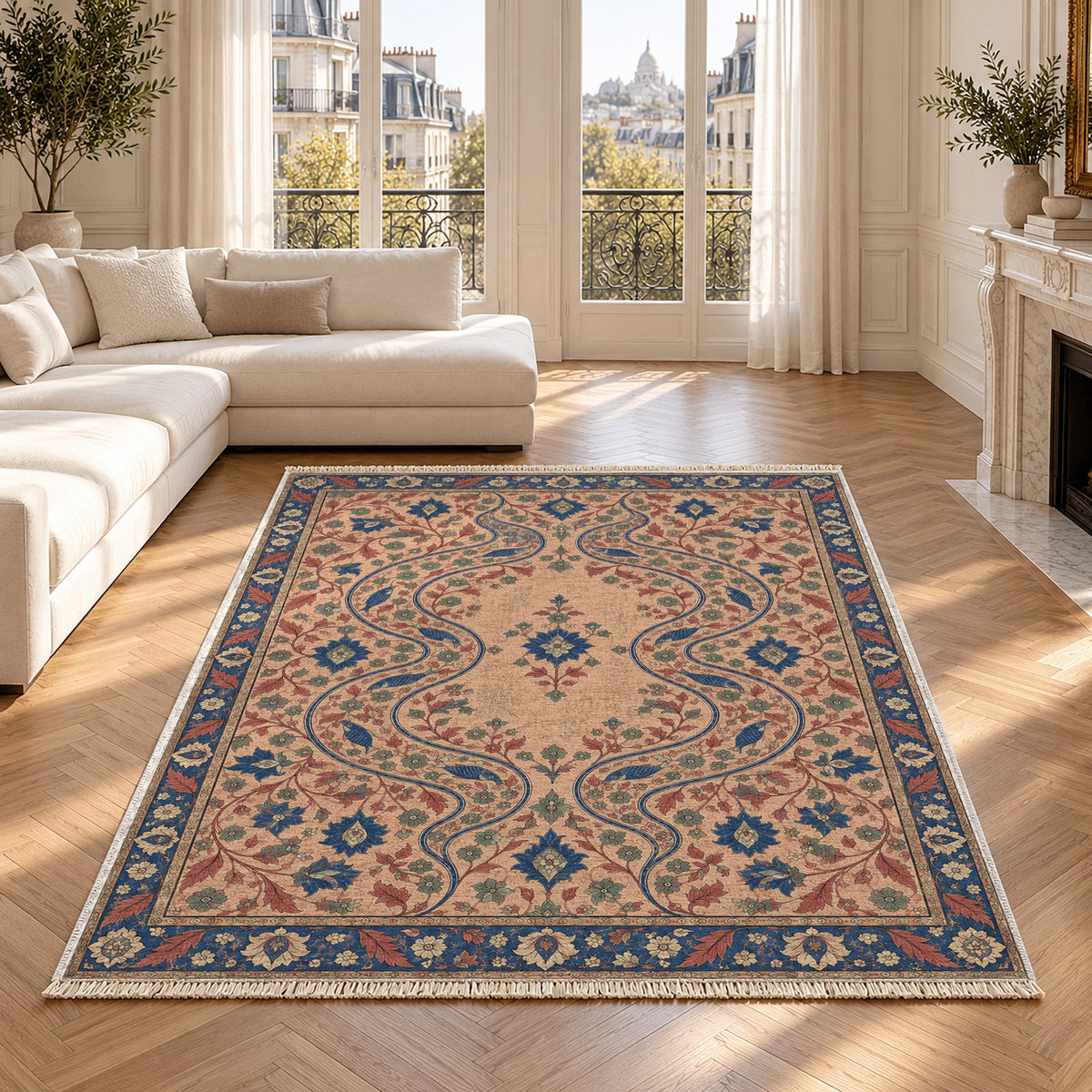 Herati River Channels Peach, Cobalt & Jade washable rug in a Paris living room