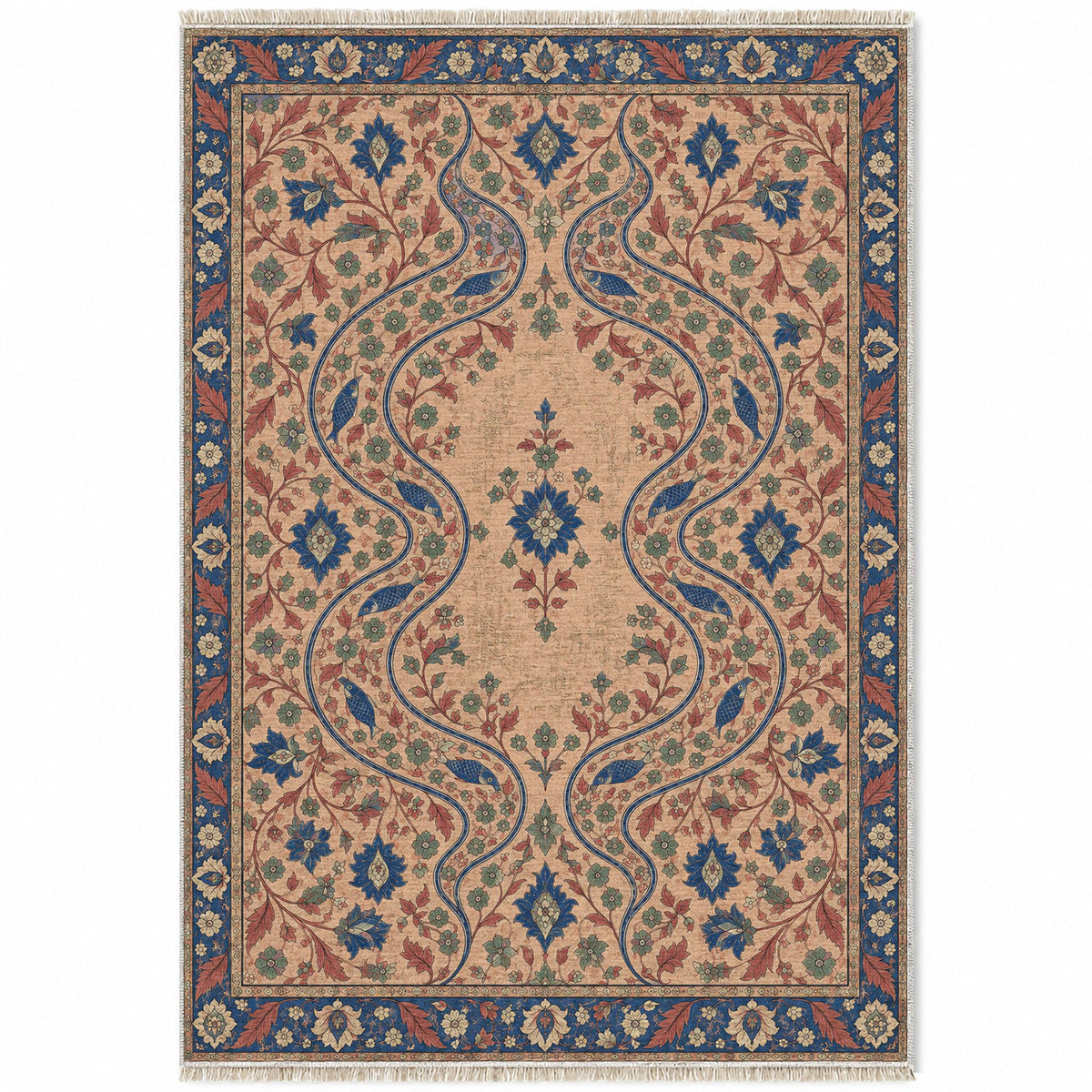Herati River Channels Peach, Cobalt & Jade washable rug top view