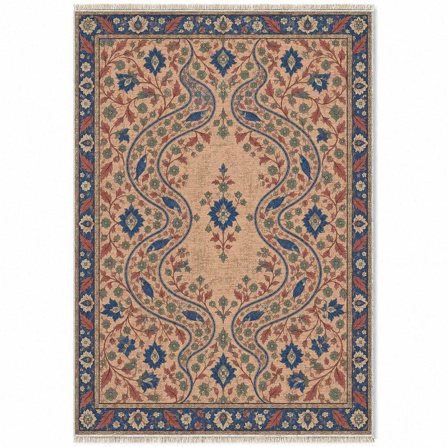 Herati River Channels Peach, Cobalt & Jade Distressed Washable Rug