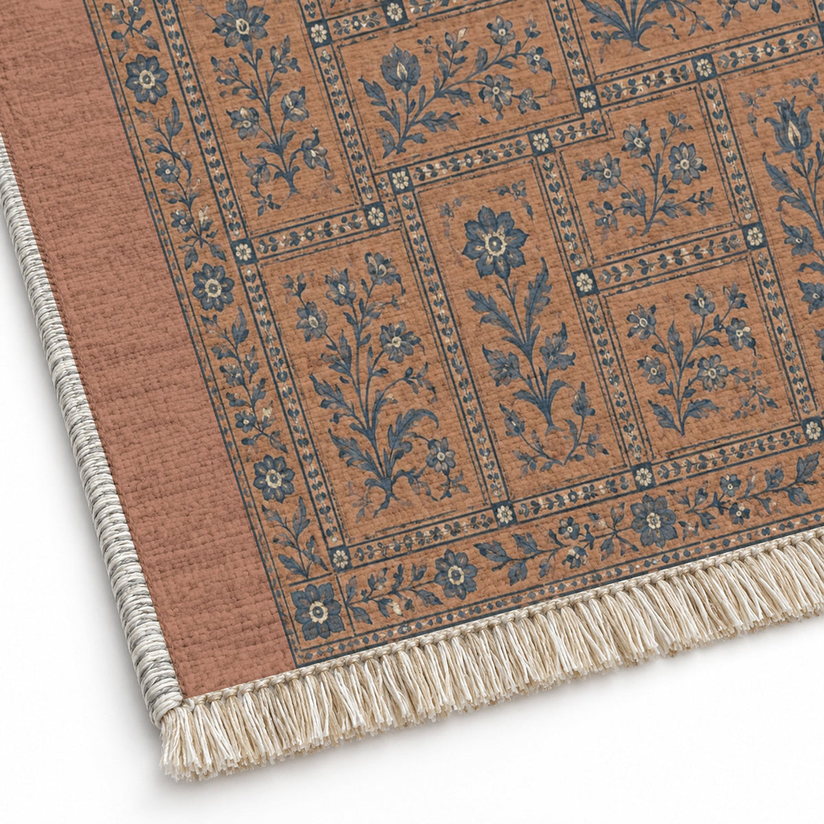 Heritage Tiles Clay & Denim washable rug close-up of the printed chenille