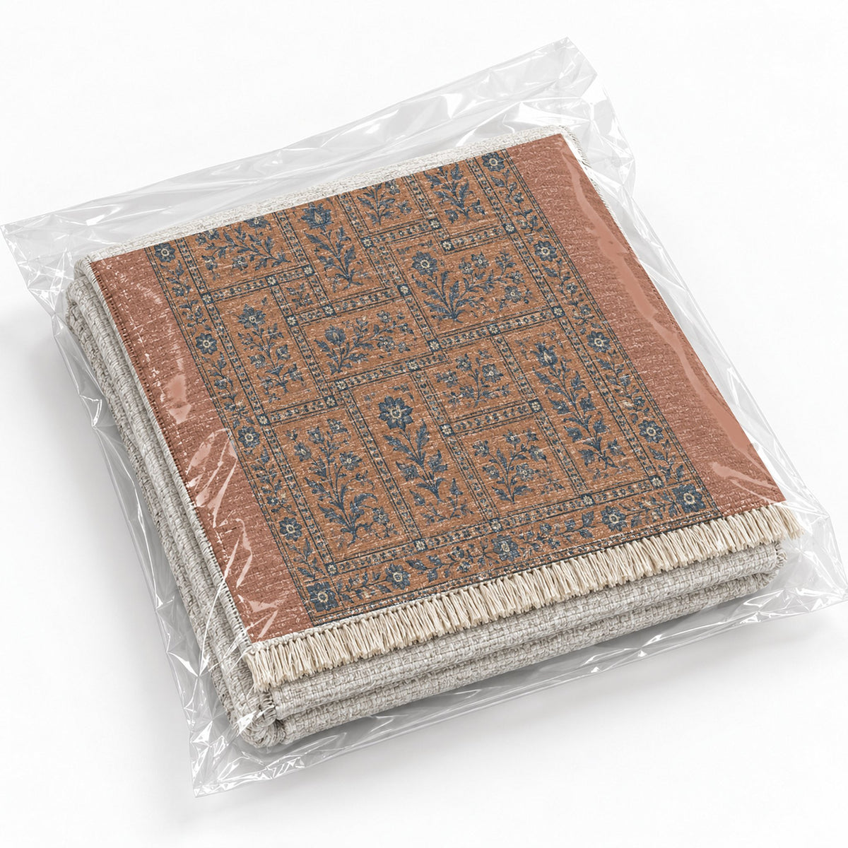 Heritage Tiles Clay & Denim washable rug rolled and packaged
