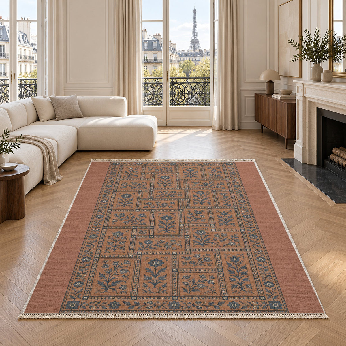 Heritage Tiles Clay & Denim washable rug in a living room with an Eiffel Tower view