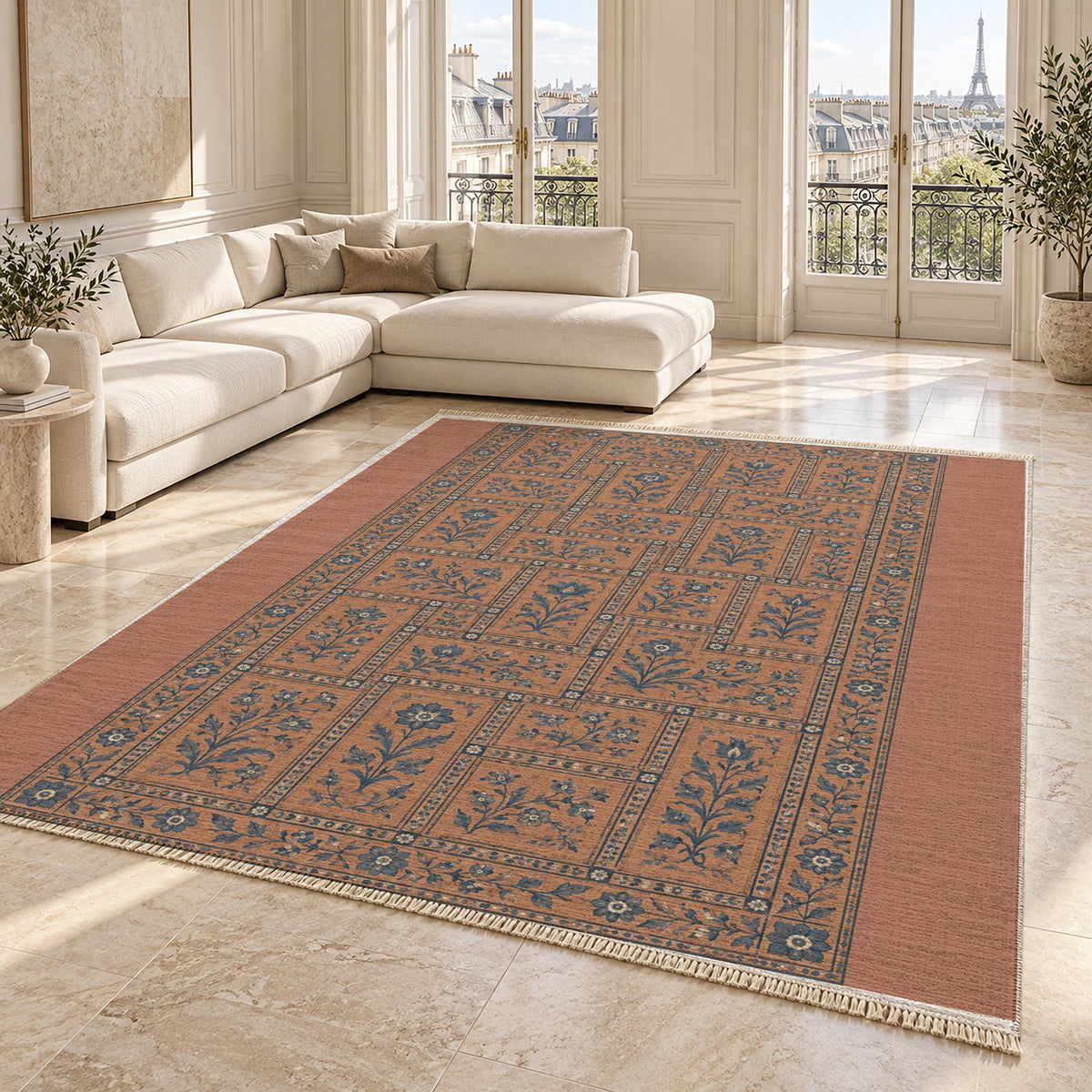 Heritage Tiles Clay & Denim washable rug angled room view on marble