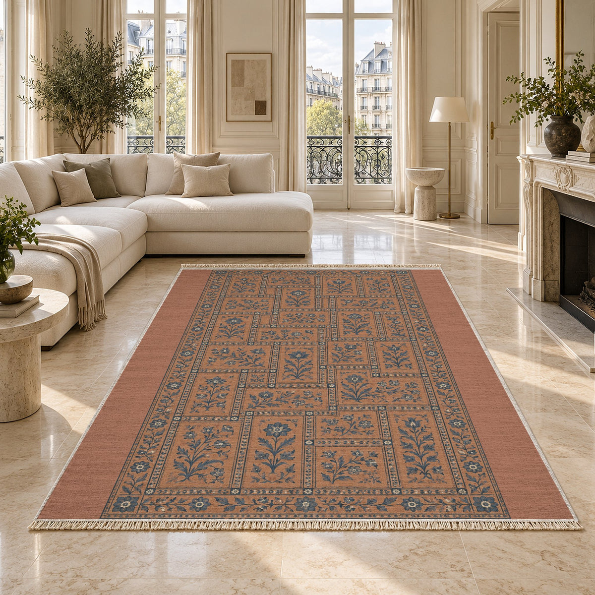 Heritage Tiles Clay & Denim washable rug on a marble floor