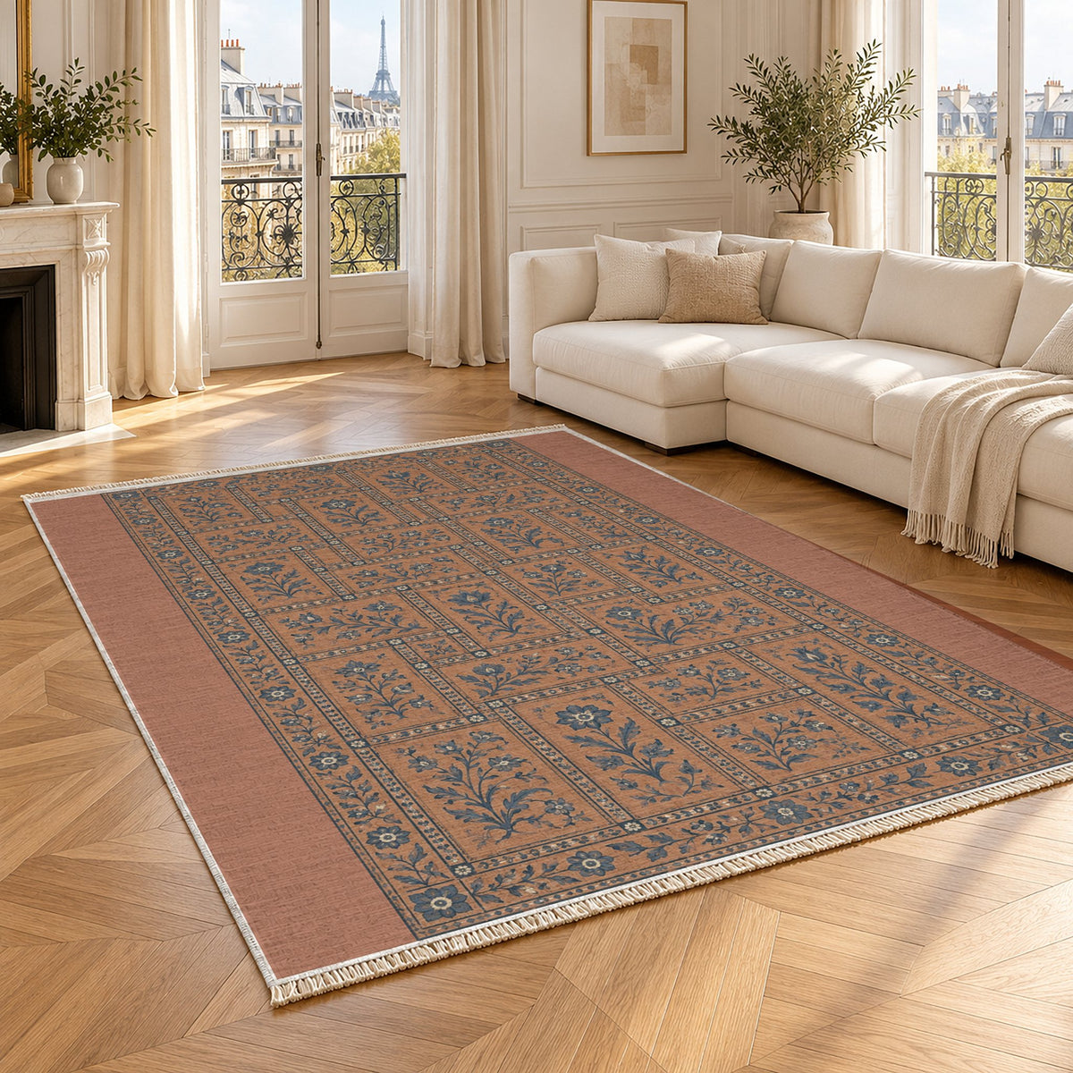 Heritage Tiles Clay & Denim washable rug angled room view