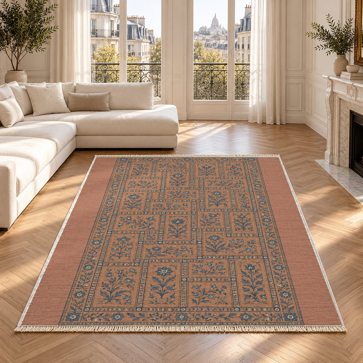 Heritage Tiles Clay & Denim washable rug in a Paris living room