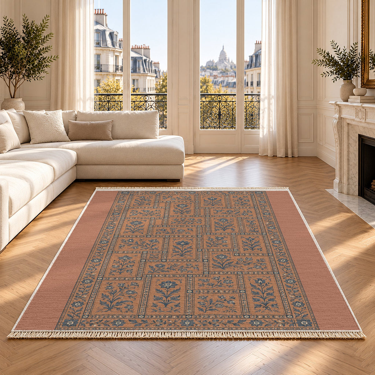 Heritage Tiles Clay & Denim washable rug on an oak floor