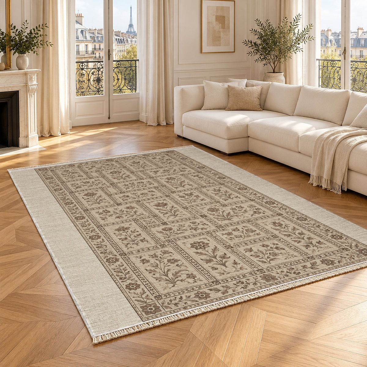 Heritage Tiles Ivory & Taupe washable rug angled room view
