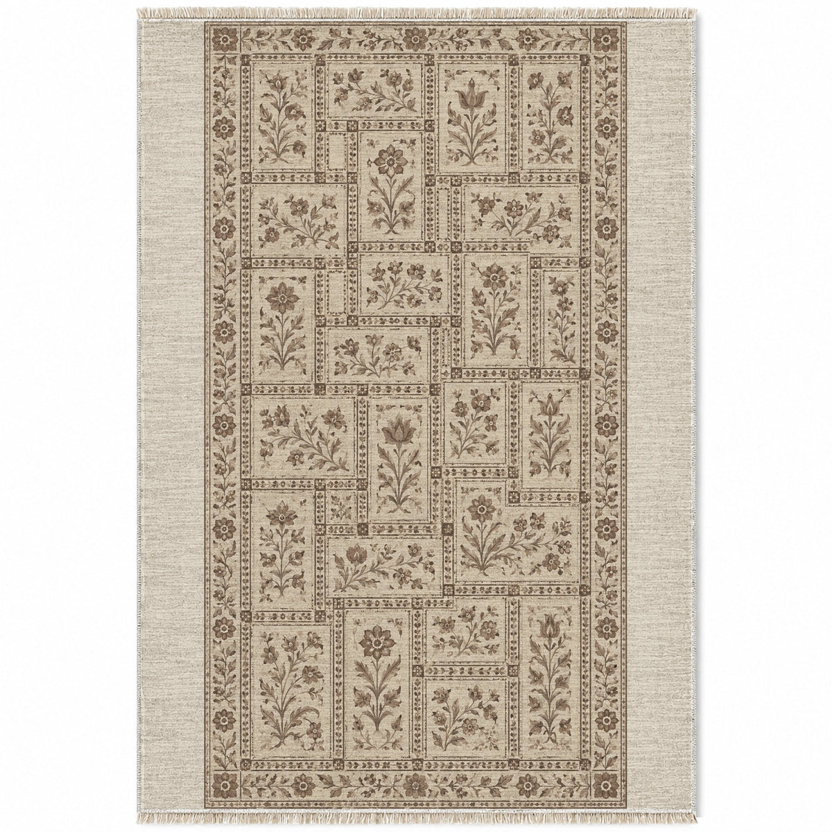 Heritage Tiles Ivory & Taupe washable rug top view