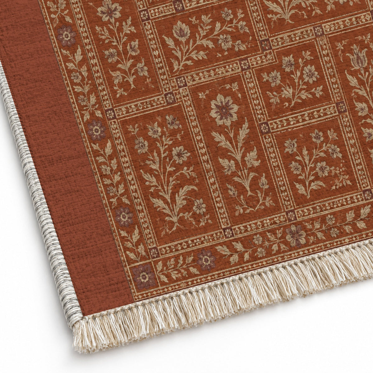 Heritage Tiles Rust & Sand washable rug close-up of the printed chenille