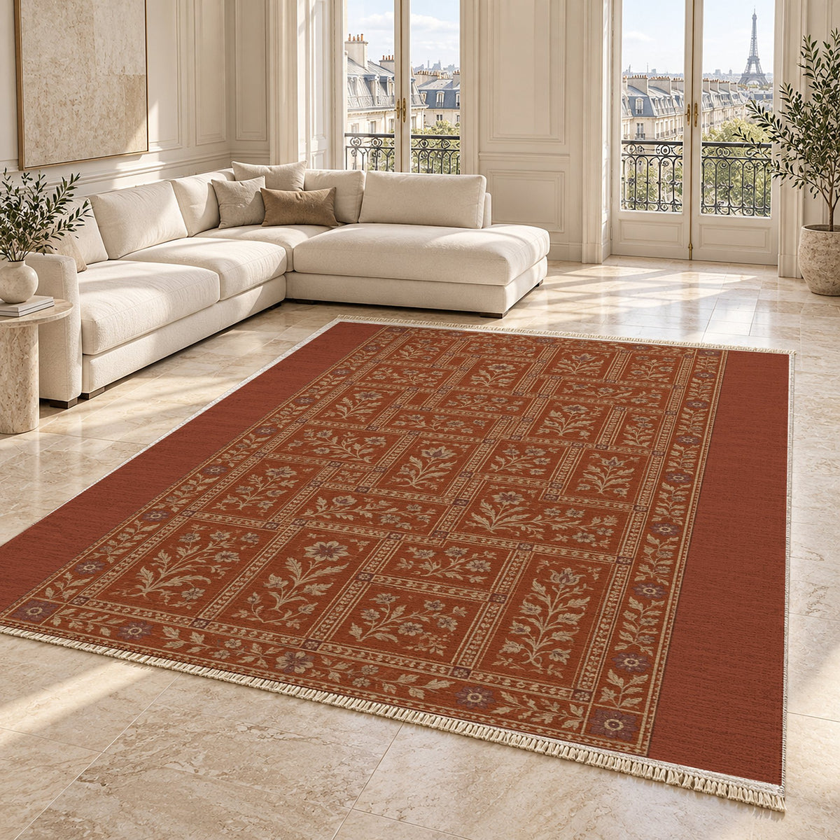 Heritage Tiles Rust & Sand washable rug angled room view on marble