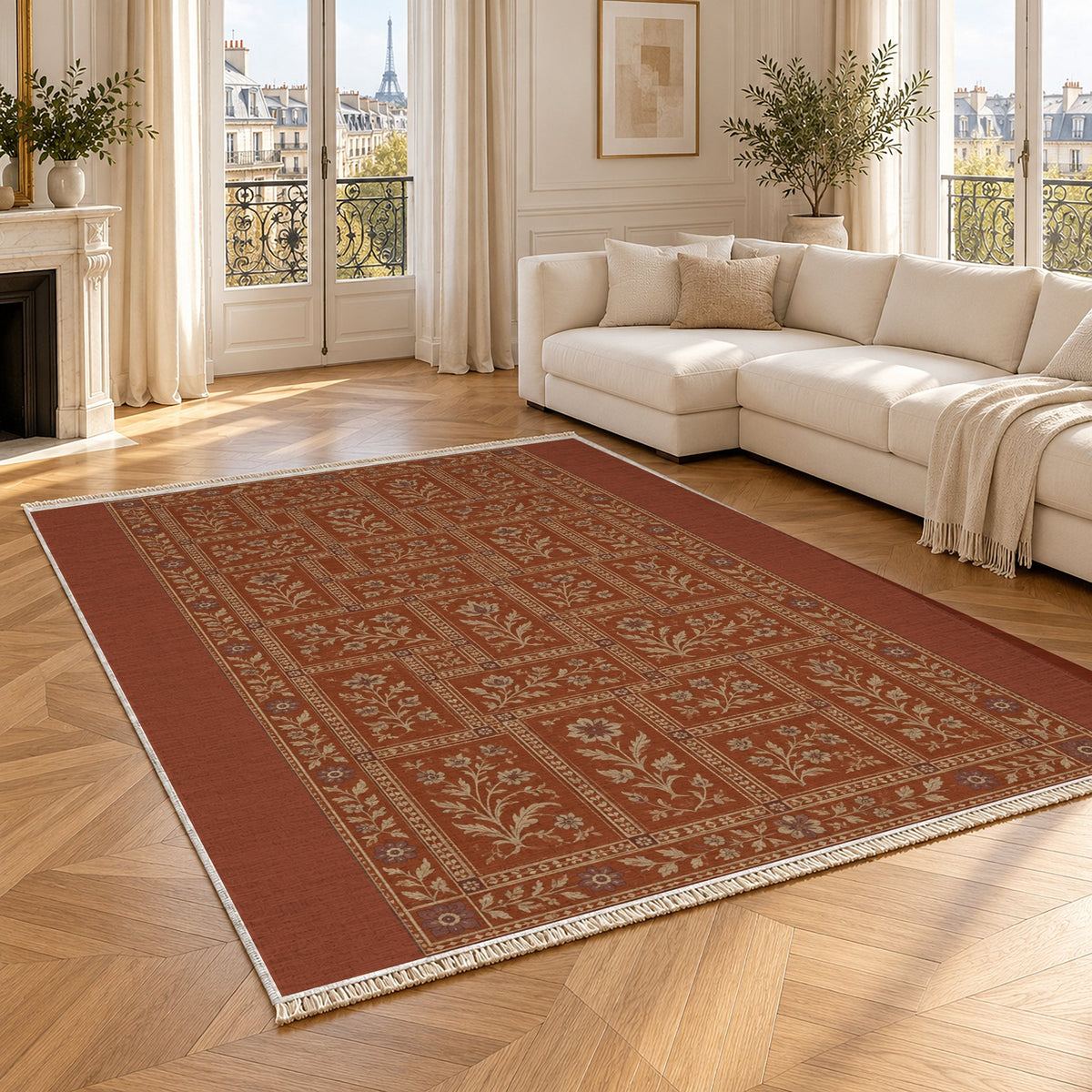 Heritage Tiles Rust & Sand washable rug angled room view
