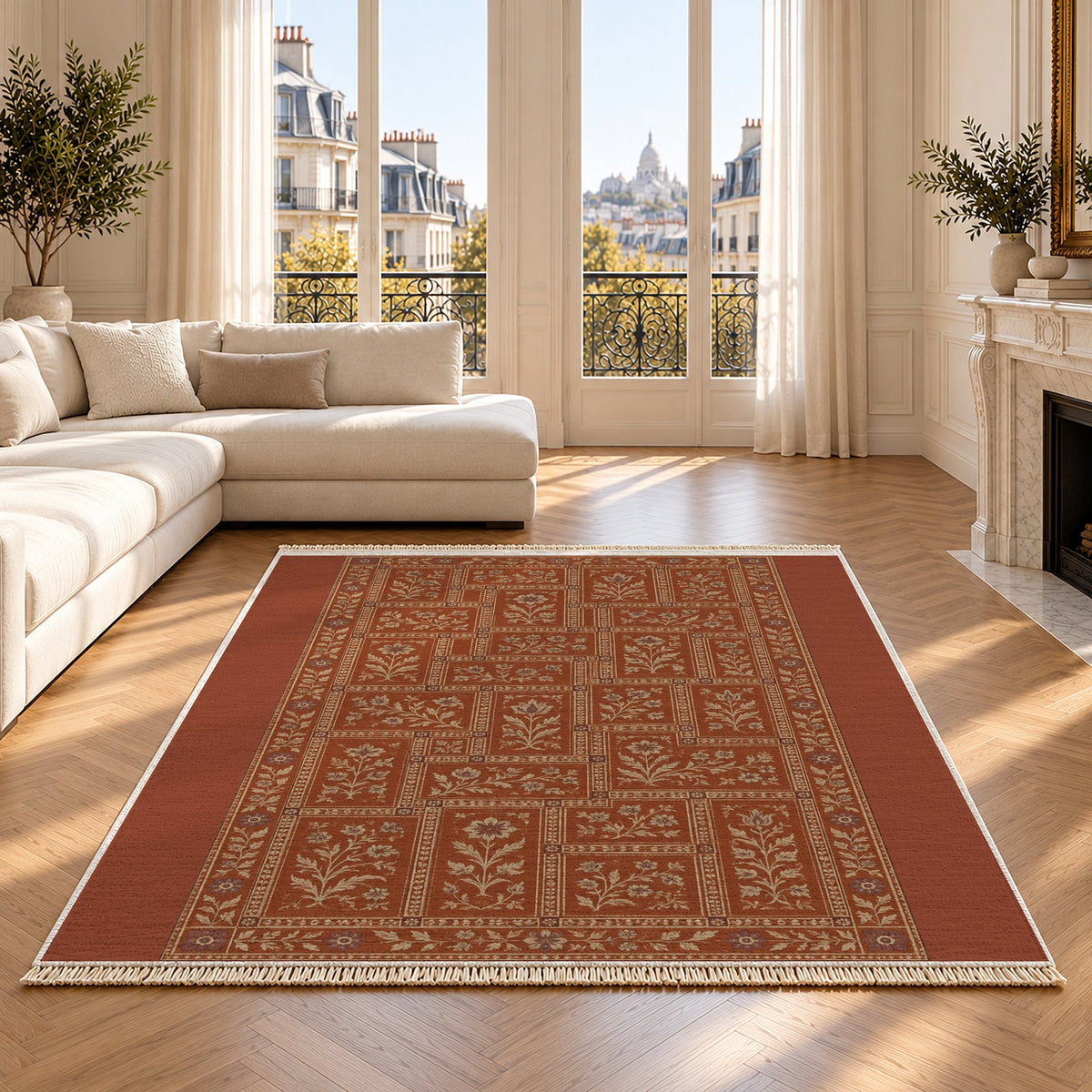 Heritage Tiles Rust & Sand washable rug on an oak floor