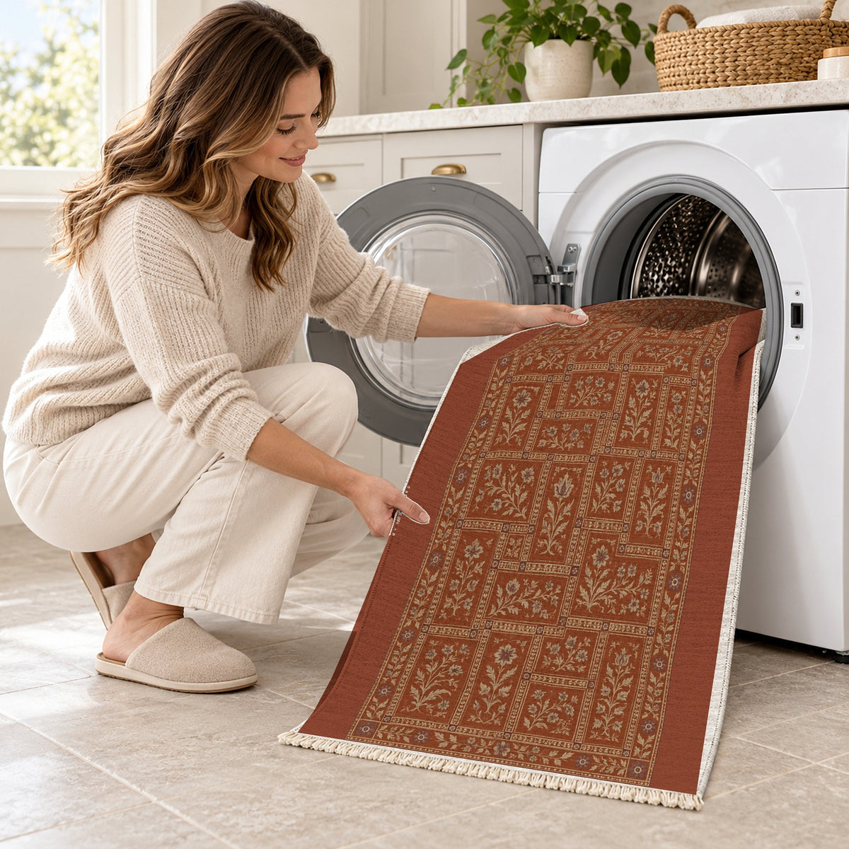 Heritage Tiles Rust & Sand washable rug being loaded into a washing machine