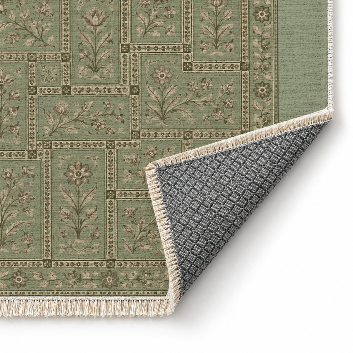 Heritage Tiles Sage & Oat washable rug folded corner showing the backing