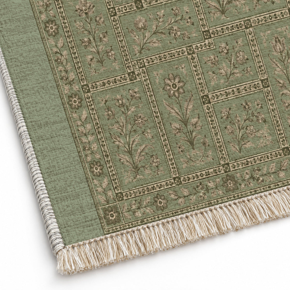 Heritage Tiles Sage & Oat washable rug close-up of the printed chenille
