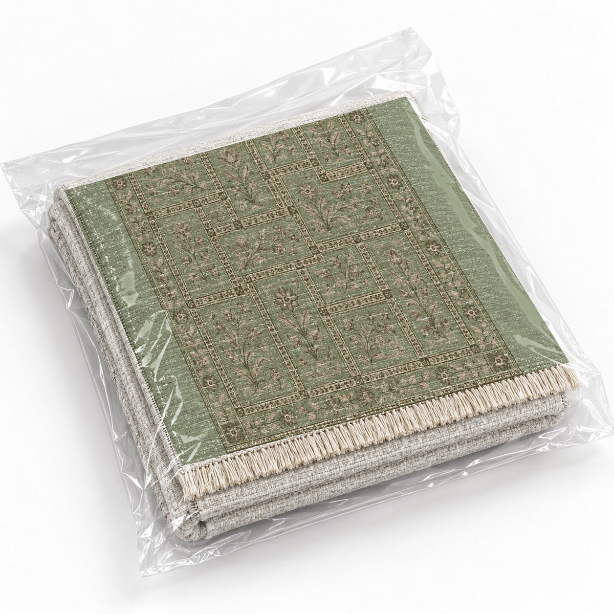Heritage Tiles Sage & Oat washable rug rolled and packaged