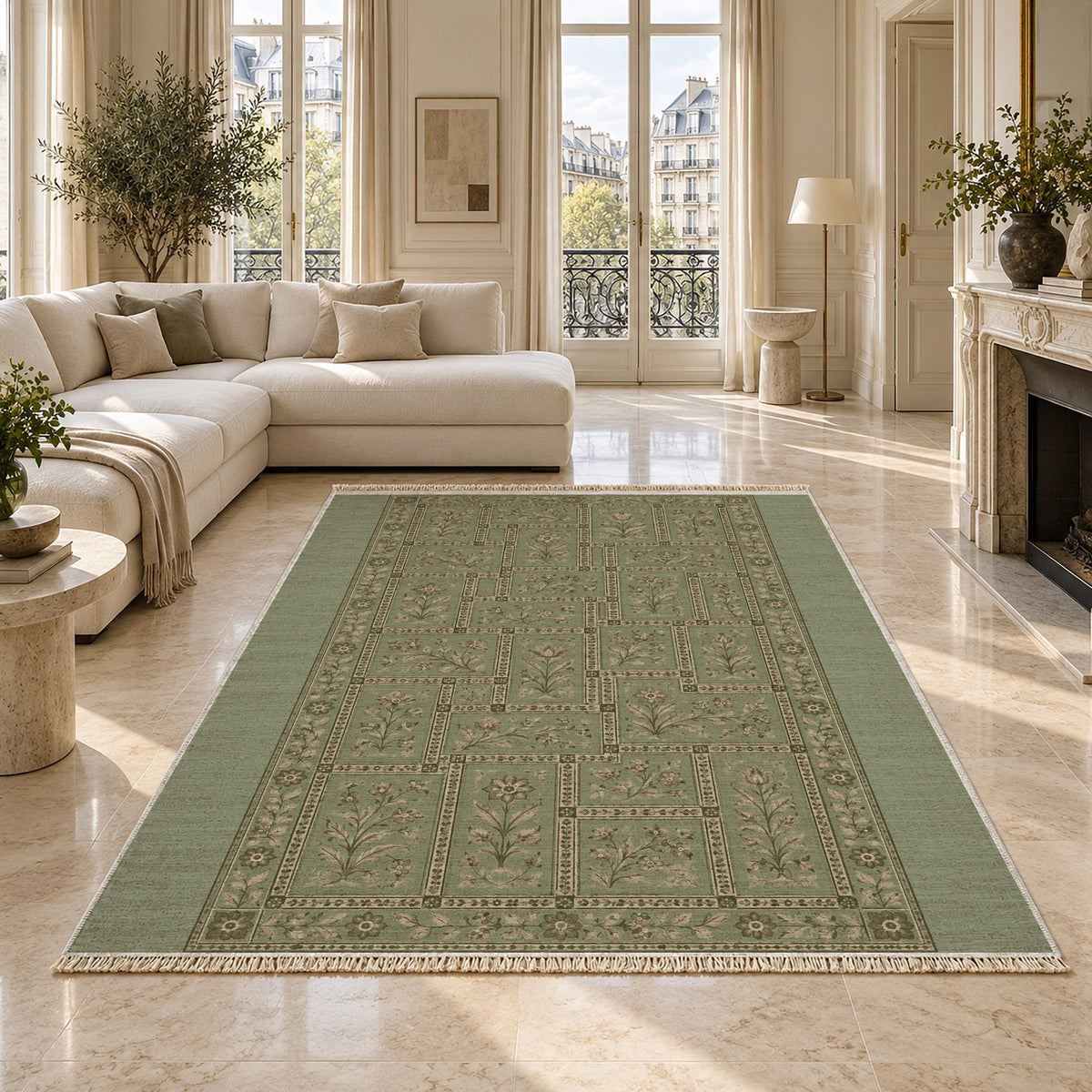 Heritage Tiles Sage & Oat washable rug on a marble floor